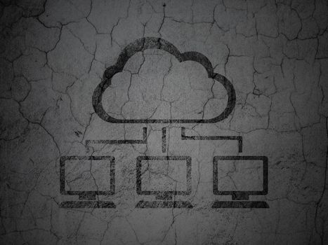 Cloud networking concept: Black Cloud Network on grunge textured concrete wall background, 3d render