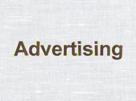Marketing concept: CMYK Advertising on linen fabric texture background, 3d render