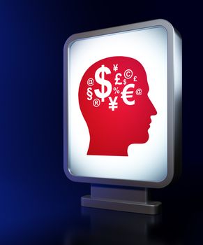 Marketing concept: Head With Finance Symbol on advertising billboard background, 3d render