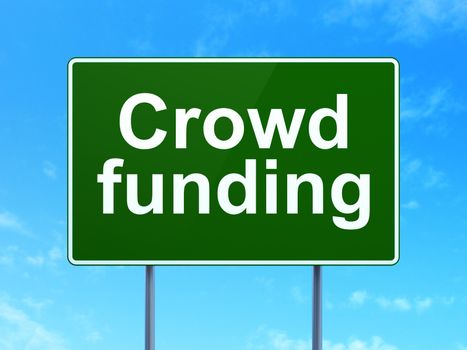 Business concept: Crowd Funding on green road (highway) sign, clear blue sky background, 3d render