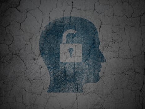 Business concept: Blue Head With Padlock on grunge textured concrete wall background, 3d render