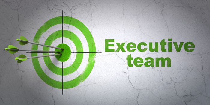 Success business concept: arrows hitting the center of target, Green Executive Team on wall background, 3d render