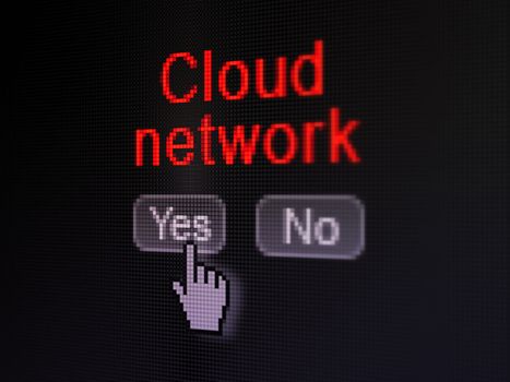 Cloud computing concept: buttons yes and no with pixelated word Cloud Network and Hand cursor on digital computer screen, selected focus 3d render