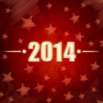 new year 2014, abstract red background with figures and illustrated striped stars, retro style holiday card