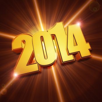 golden new year 2014 with light rays over shining brown background with lens flare in the middle