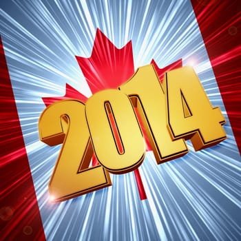 new year 2014 - 3d golden figures with rays and shining Canadian flag