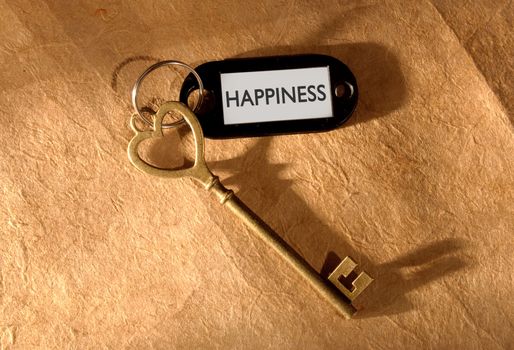 Happiness label attached to a heart shaped key