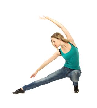 Woman doing stretching exercise on white background