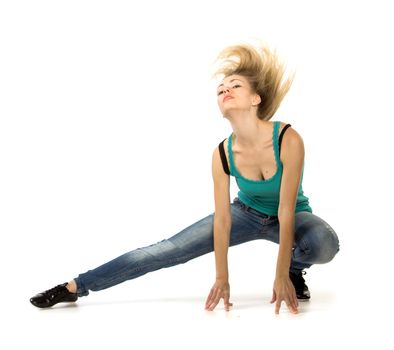 Woman doing stretching exercise on white background
