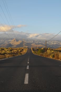 Asphalt Road in the Desert on a Colored Sunset