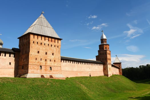 Fortress wall with towers. Novgorod Kremlin. Russia
