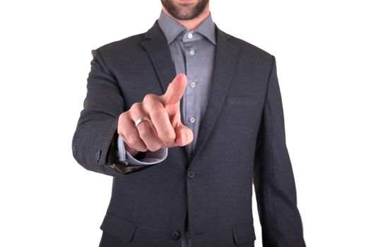 Businessman pointing with finger, isolated on white