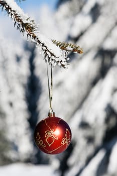 Christmas decoration hanging on tree with snow