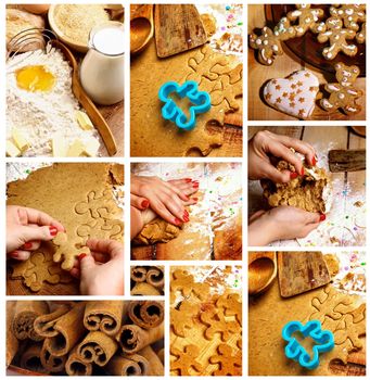 Collection of Preparing Gingerbread Cookies with Making Dough, Christmas Cookies and Ingredients  closeup