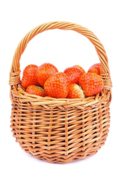 Fresh Ripe Strawberries in Wicker Basket isolated on white background