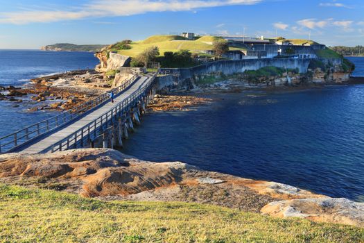 The Pier bridge to Bare Island Botany Bay, Sydney Australia.  A popular spot for divers and fisherman due to the diverse marine life and underwater caves and caverns and reefs.