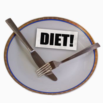 Empty plate with cutlery and paper with text "Diet!"