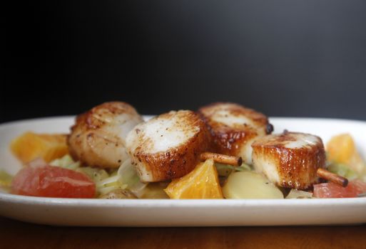 Close up Scallop seafood appetizer with with oranges and grapefruits
