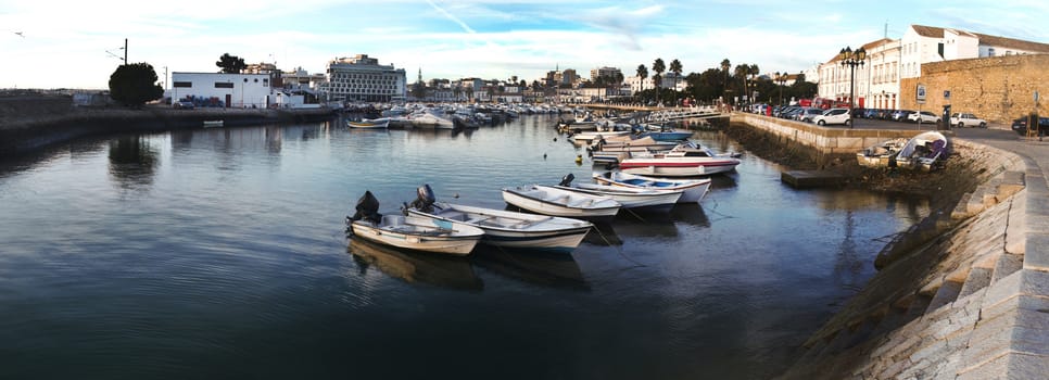 Wide view of the marina located in Faro, Portugal.