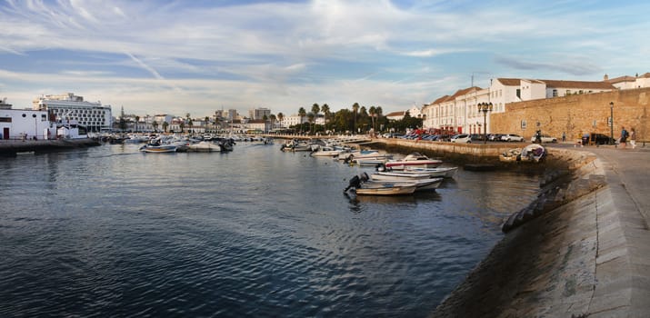 Wide view of the marina located in Faro, Portugal.