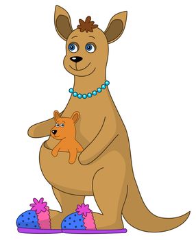 Kangaroo family, mum in slippers and baby, isolated