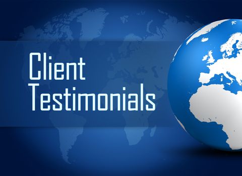 Client Testimonials concept with globe on blue background