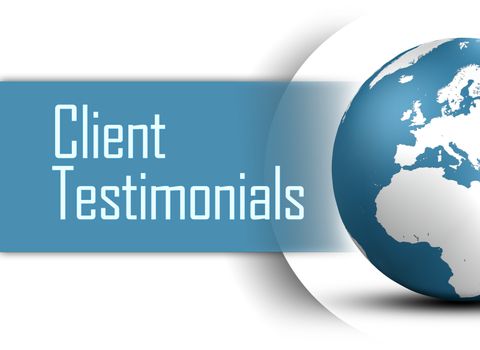 Client Testimonials concept with globe on white background