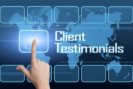 Client Testimonials concept with interface and world map on blue background