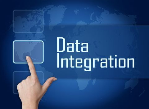 Data Integration concept with interface and world map on blue background