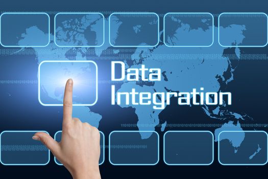 Data Integration concept with interface and world map on blue background