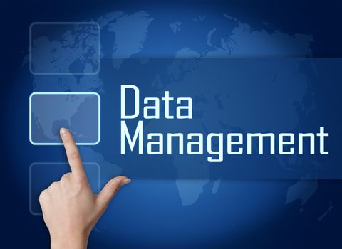 Data Management concept with interface and world map on blue background