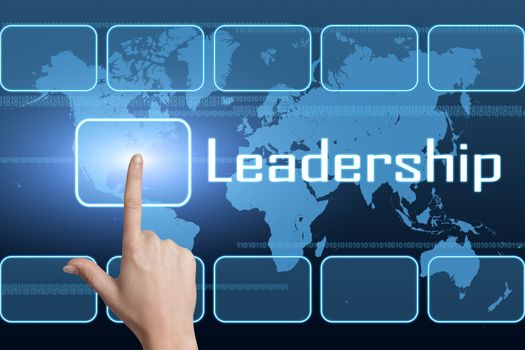 Leadership concept with interface and world map on blue background