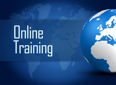 Online Training concept with globe on blue background