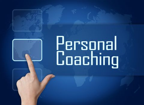 Personal Coaching concept with interface and world map on blue background