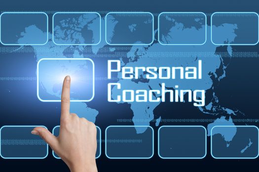 Personal Coaching concept with interface and world map on blue background