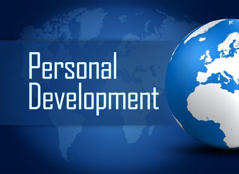 Personal Development concept with globe on blue background