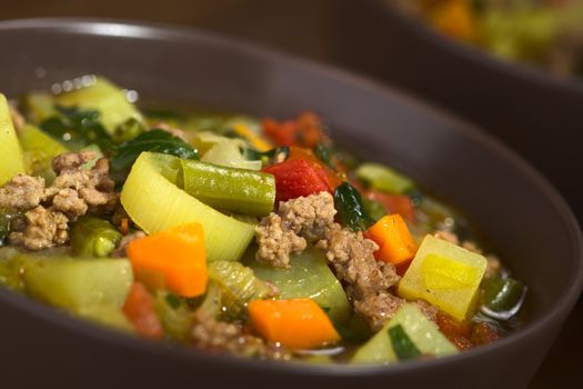 Vegetable soup with mincemeat, green bean, potato, leek, carrot, tomato and parsley served in brown bowl (Selective Focus, Focus in the middle of the soup) 