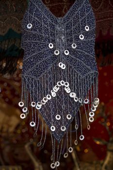 Close up view of a belly dancer clothing suit.