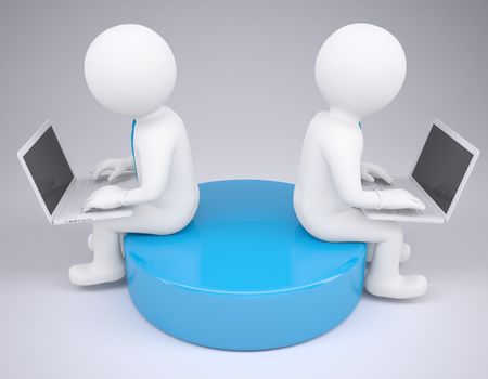 Two white 3d man sitting at laptops. Render on a gray background