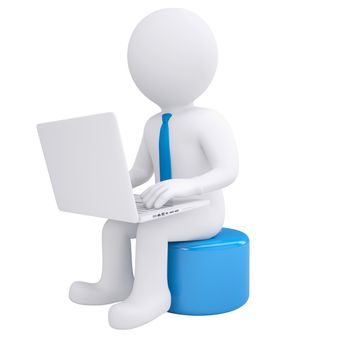 White 3d man working at his laptop. Render on white background