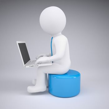 White 3d man working at his laptop. Render on a gray background