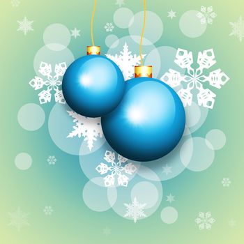 New Year's background. Blue christmas balls and snowflakes on green background