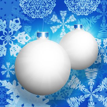 New Year's background. White christmas balls and snowflakes on a blue background