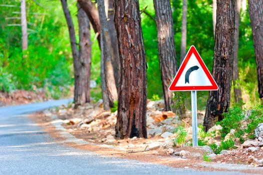 Turn sign on the side of the forest highway