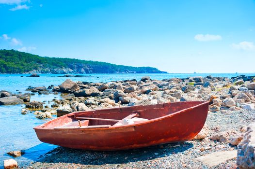 boat on the rocky shore on a sunny day