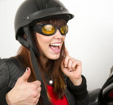 Thumbs Up Sign Woman Biker Geared Up Helmet Goggles