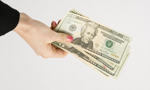Female Hand Holds Cash Payment Currency Twenty Dollar Money Green Backs