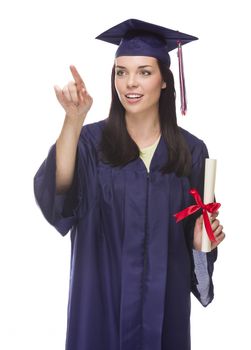 Young Female Graduate with Diploma Pushing Button or Pointing Isolated on White - Ready For Your Own Buttons or Text.