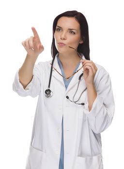 Female Doctor or Nurse Pushing Button or Pointing with Room For Your Own Button or Text Isolated on White.