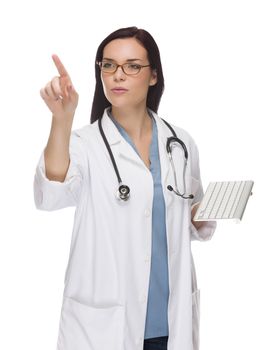 Female Doctor or Nurse with Wireless Keyboard Pushing Button or Pointing with Room For Your Own Button or Text Isolated on White.